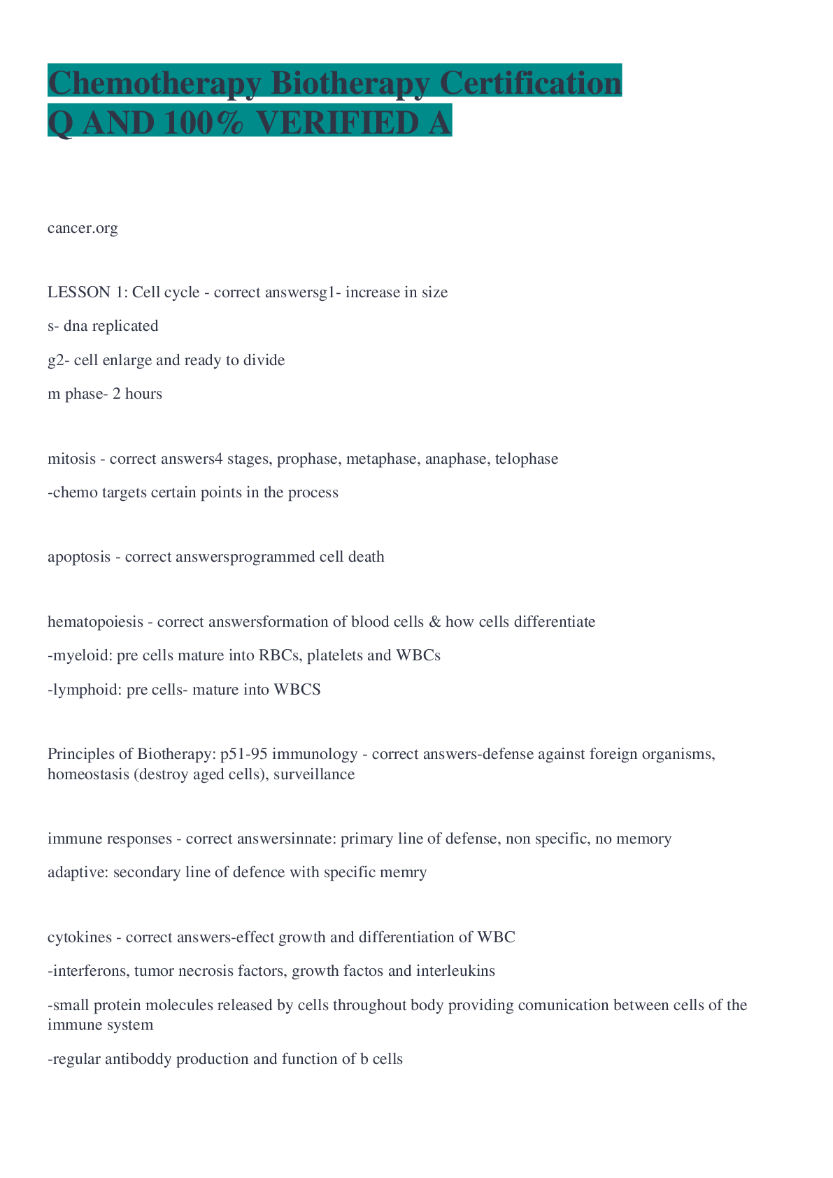 Preview image for Chemotherapy Biotherapy Certification Q AND 100% VERIFIED A